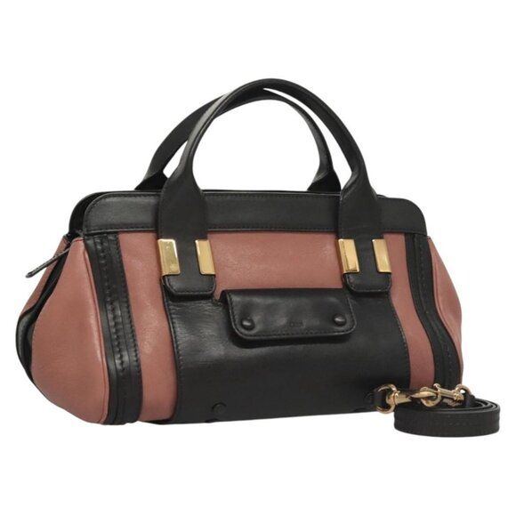 Chloe Alice Hand Bag Leather 2way Pink Black gold Auth am8512 - Picture 1 of 16